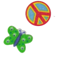 a green butterfly and red/yellow/blue peace sign sticker on a transparent background. the stickers are the fuzzy kind.